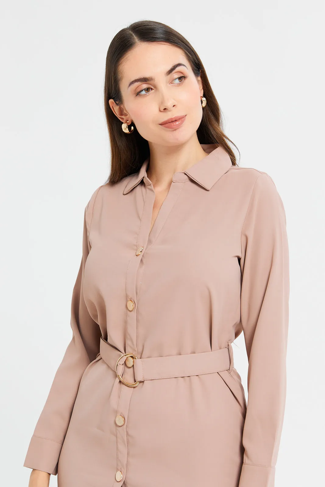 Woman Taupe Belted Shirt Dress