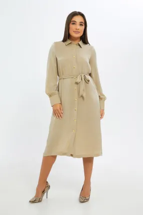 Women Beige Satin Midi Shirt Dress