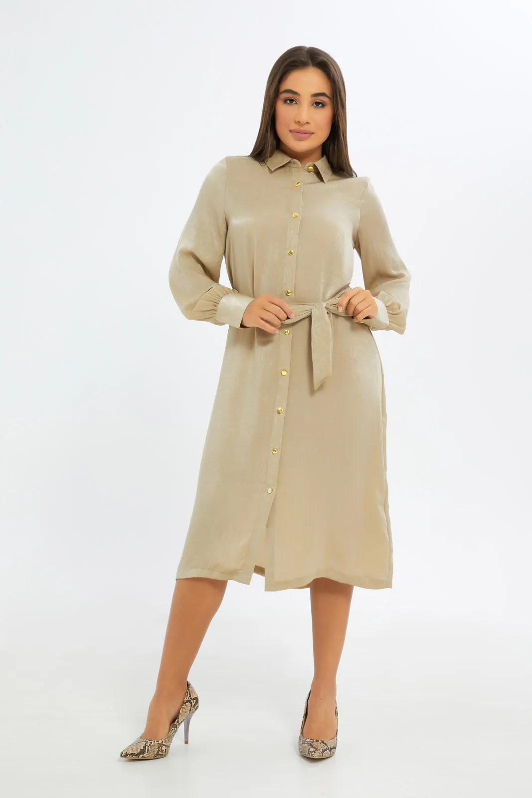 Women Beige Satin Midi Shirt Dress