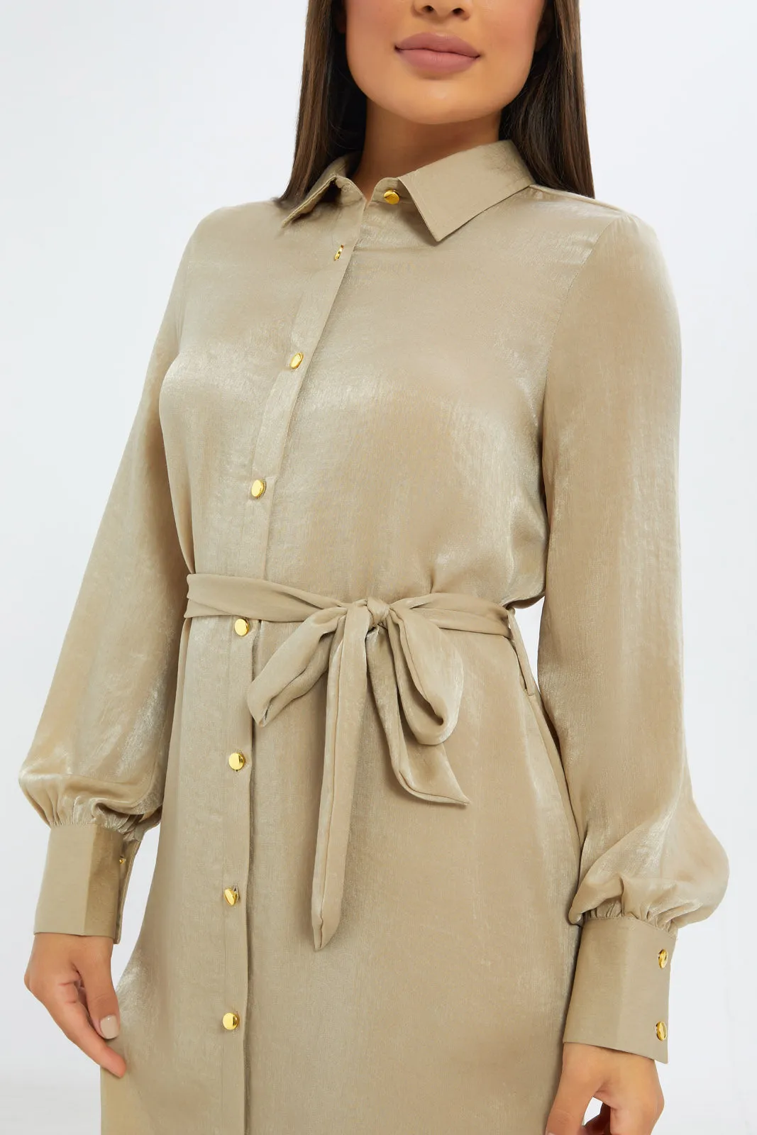 Women Beige Satin Midi Shirt Dress