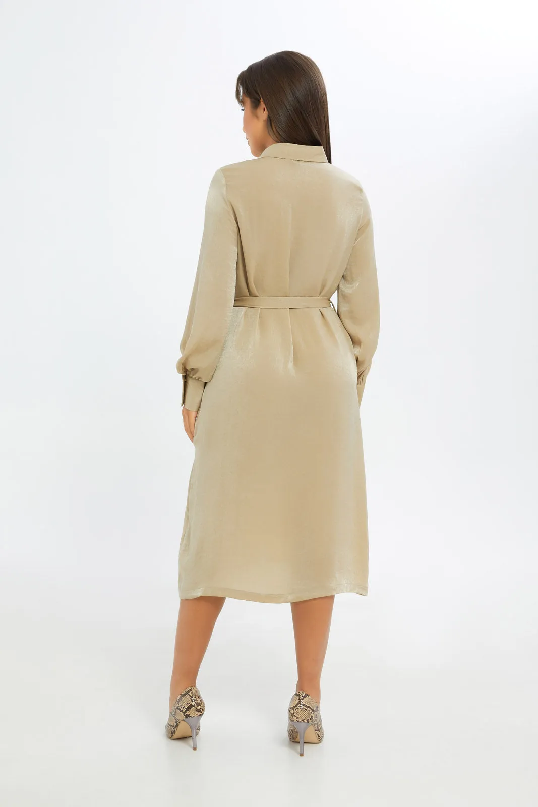 Women Beige Satin Midi Shirt Dress