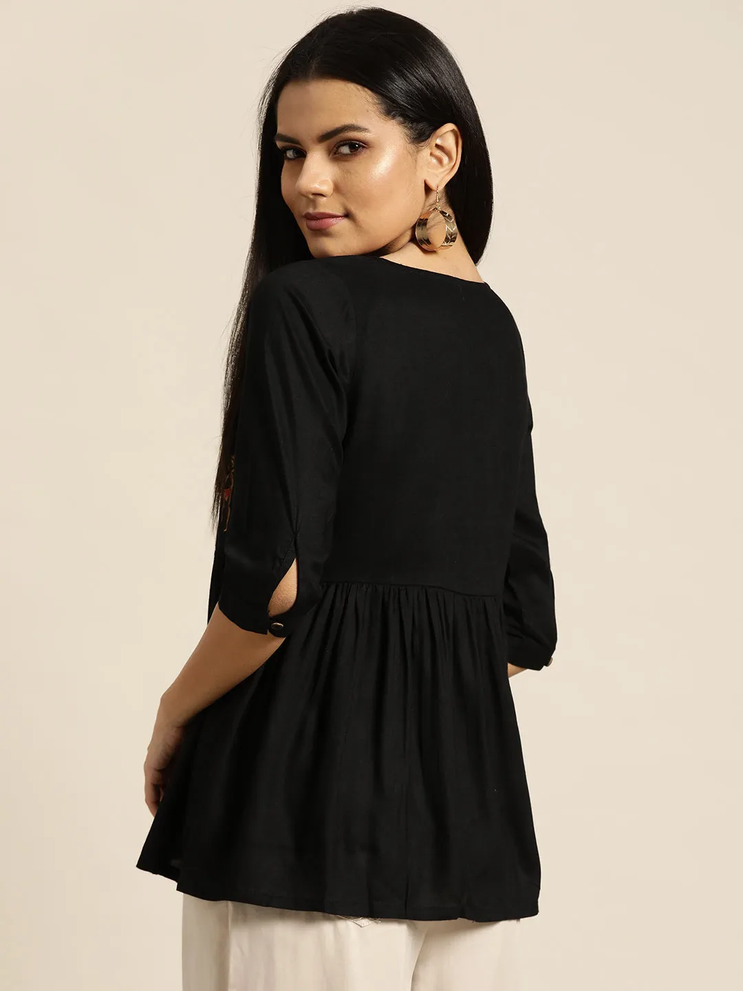 Women Black Tribal Embroidery Liva Peplum Top