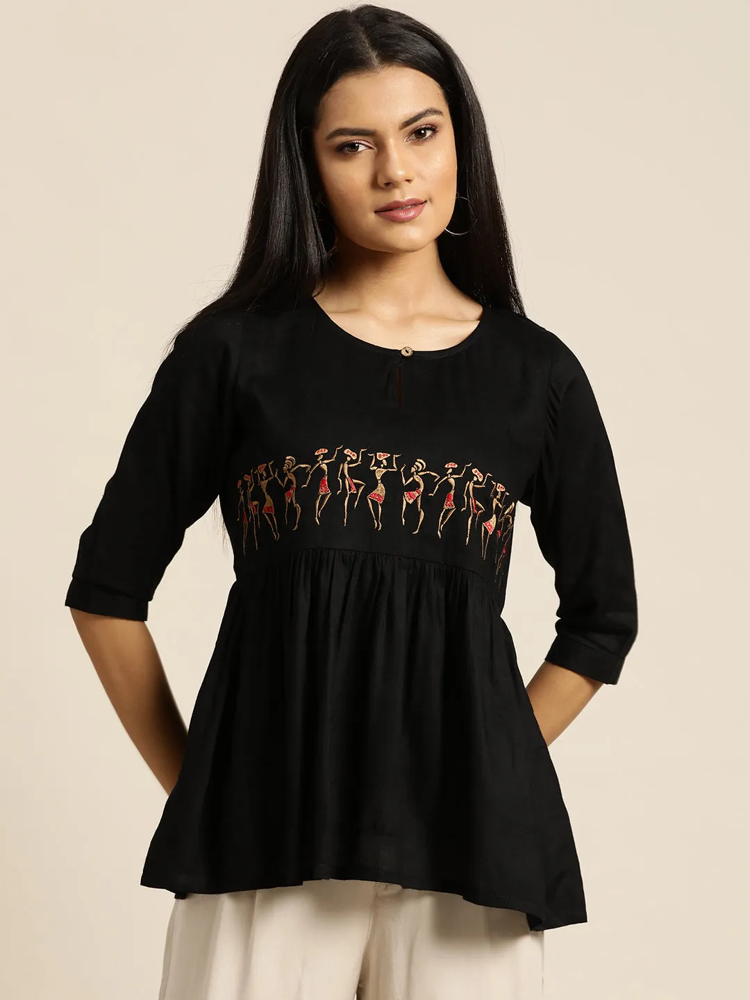 Women Black Tribal Embroidery Liva Peplum Top