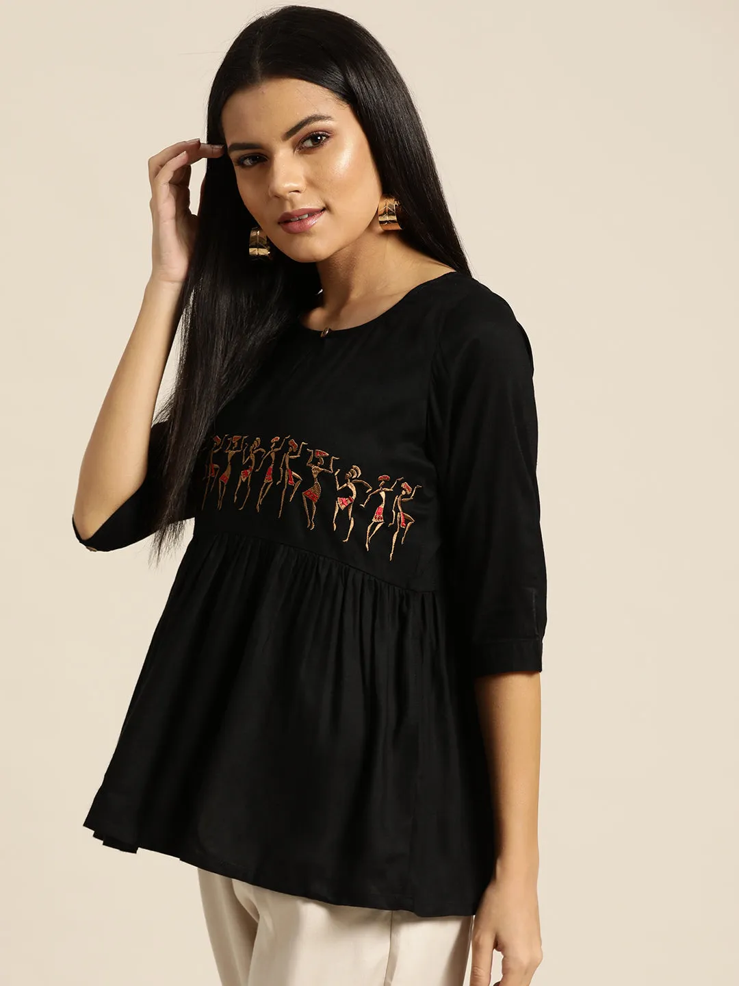Women Black Tribal Embroidery Liva Peplum Top