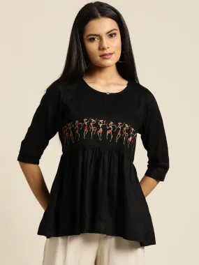 Women Black Tribal Embroidery Liva Peplum Top