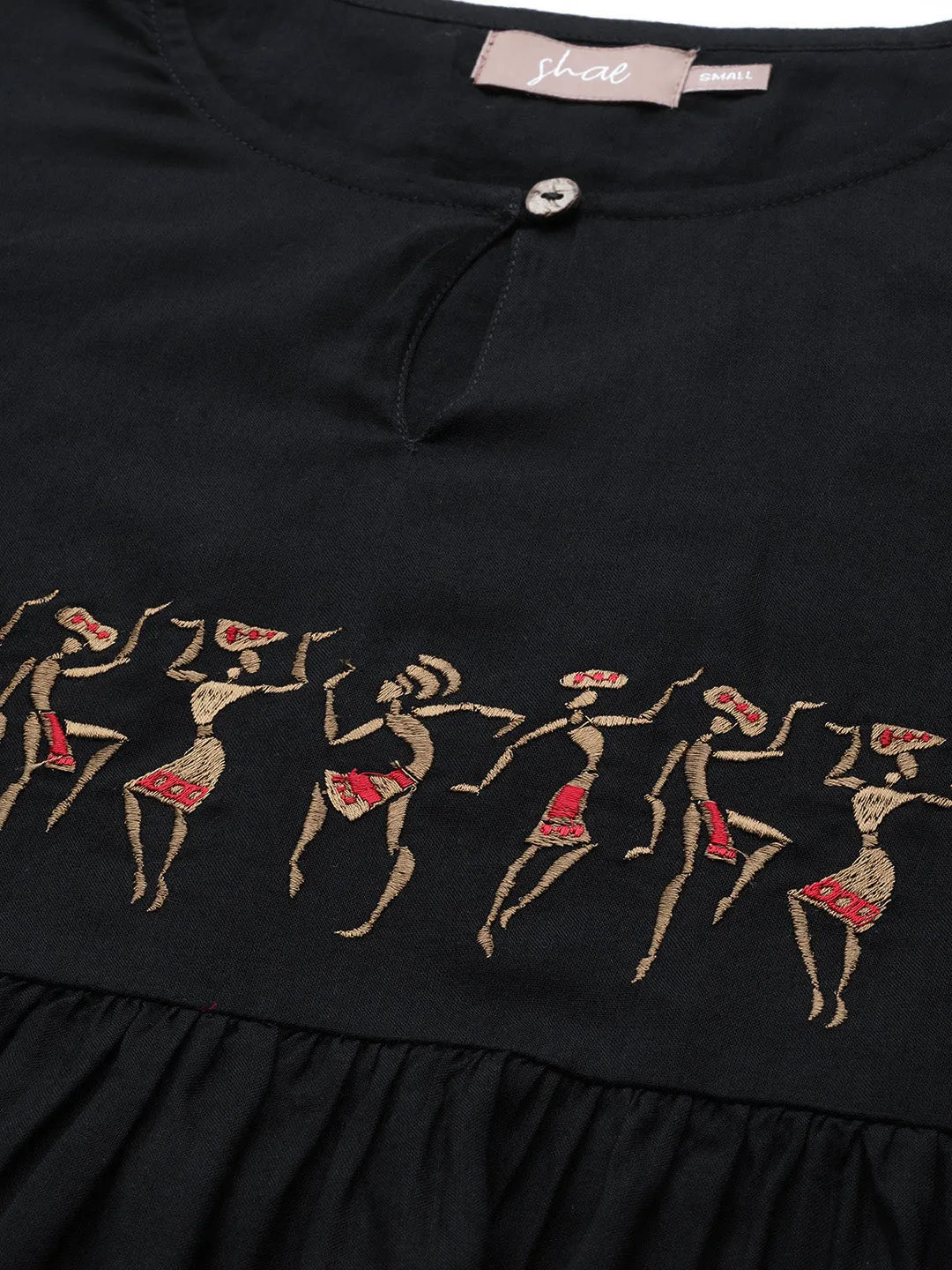 Women Black Tribal Embroidery Liva Peplum Top