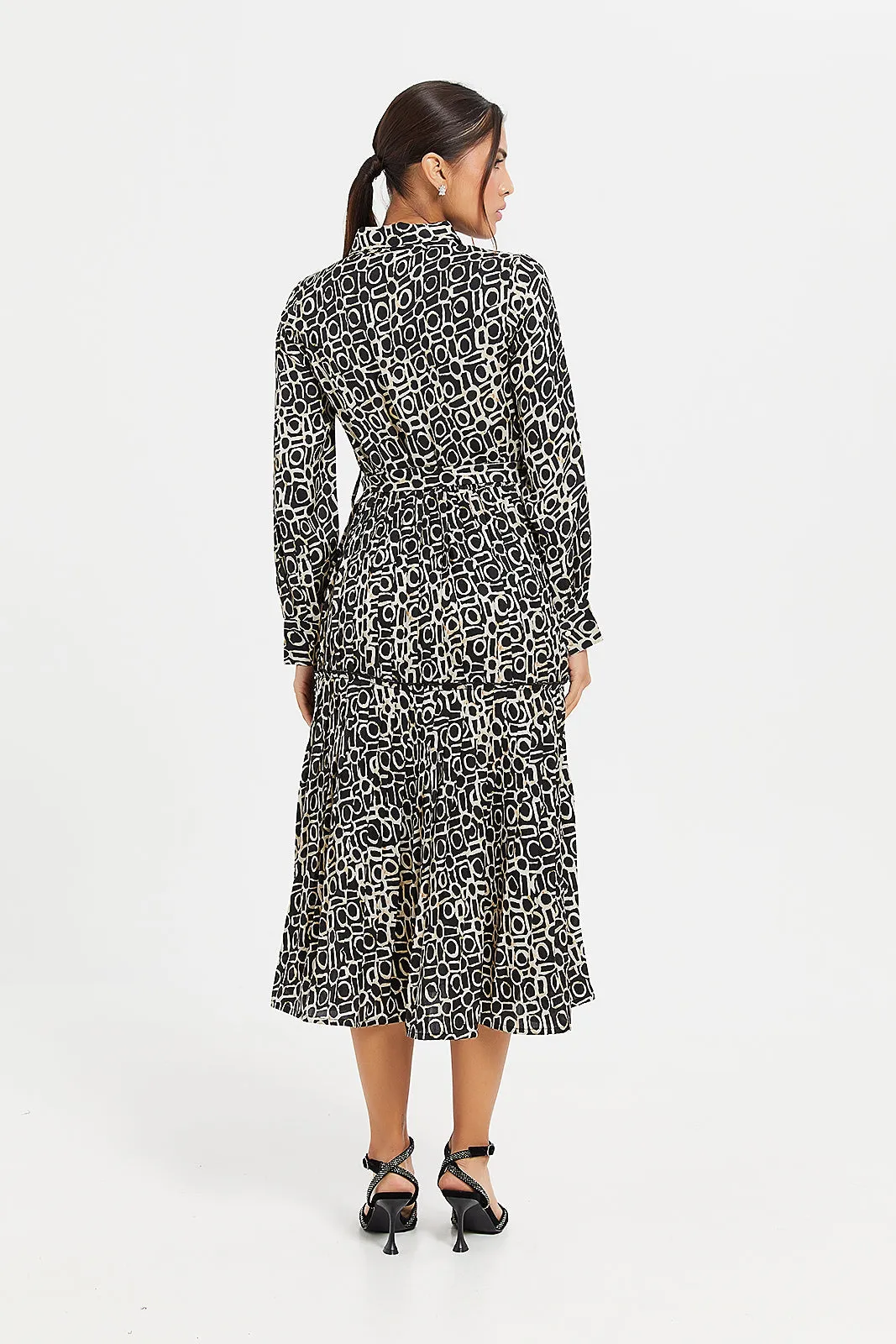 Women Brown Printed Shirt Pleated Dress