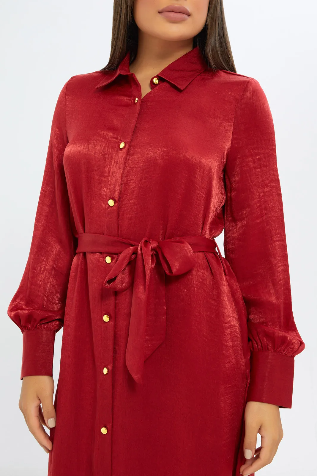 Women Red Satin Midi Shirt Dress
