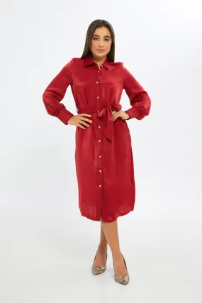 Women Red Satin Midi Shirt Dress