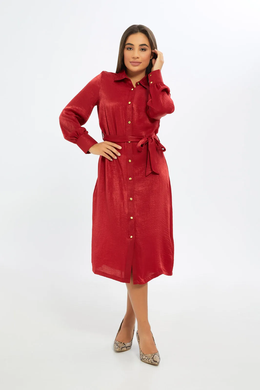 Women Red Satin Midi Shirt Dress