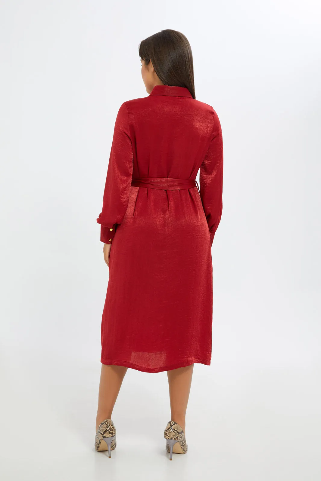 Women Red Satin Midi Shirt Dress