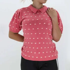 Women's Collared Pom Pom Sweater,Pink