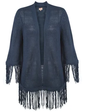 Women's fringed hem and cuffs navy cardigan - Plum Tree
