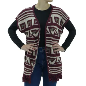 Women's Knitted Fringe Cardigan Sweater,Beige/Burgundy