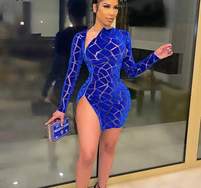 Women's Long Sleeve Side Slit Skinny Velvet Short Party Dress