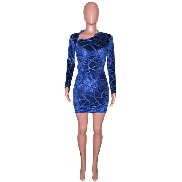 Women's Long Sleeve Side Slit Skinny Velvet Short Party Dress