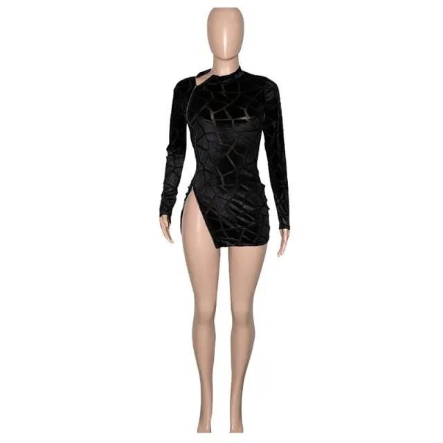 Women's Long Sleeve Side Slit Skinny Velvet Short Party Dress
