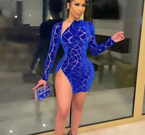 Women's Long Sleeve Side Slit Skinny Velvet Short Party Dress