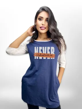 Women's Never Print Long T-shirt Navy Raglan Sleeve Side Pocket