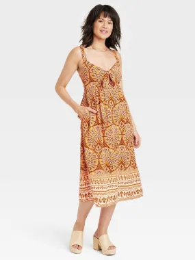 Women's Wide Strap Tie-Front Floral Dress,Orange/Brown