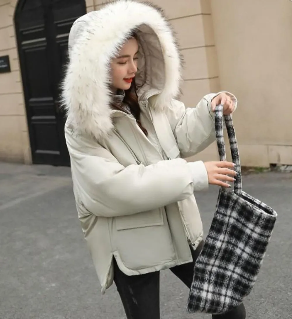 Womens Winter Short Puffy Coat with Hood in Black