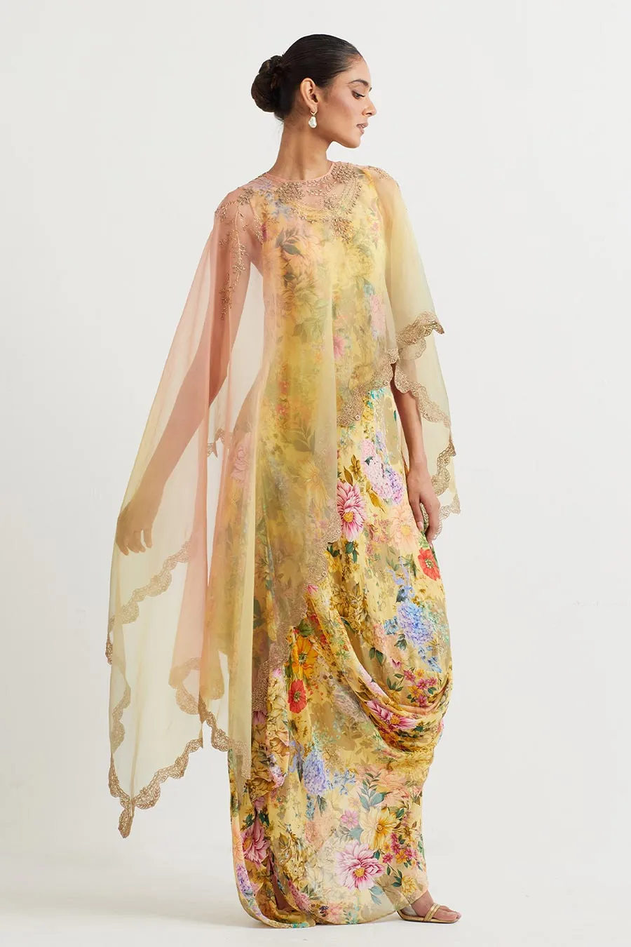 Yellow Embroidered Cape With Printed Drape Dress