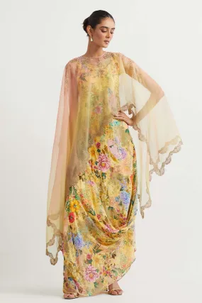 Yellow Embroidered Cape With Printed Drape Dress