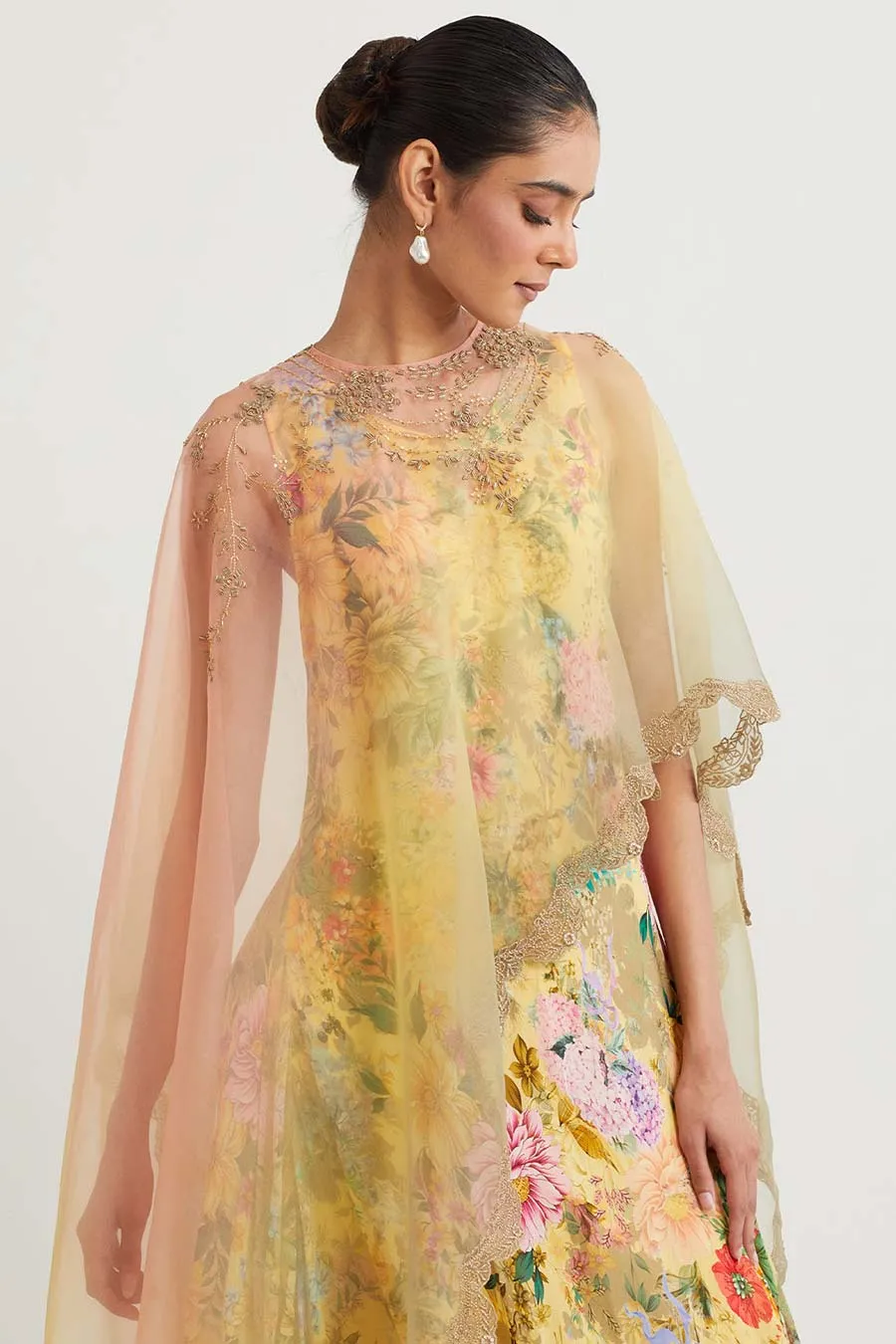 Yellow Embroidered Cape With Printed Drape Dress