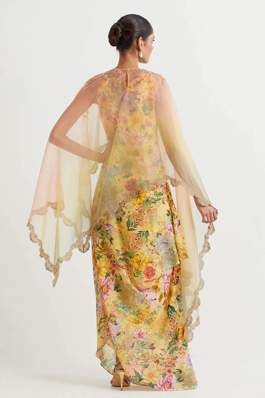 Yellow Embroidered Cape With Printed Drape Dress