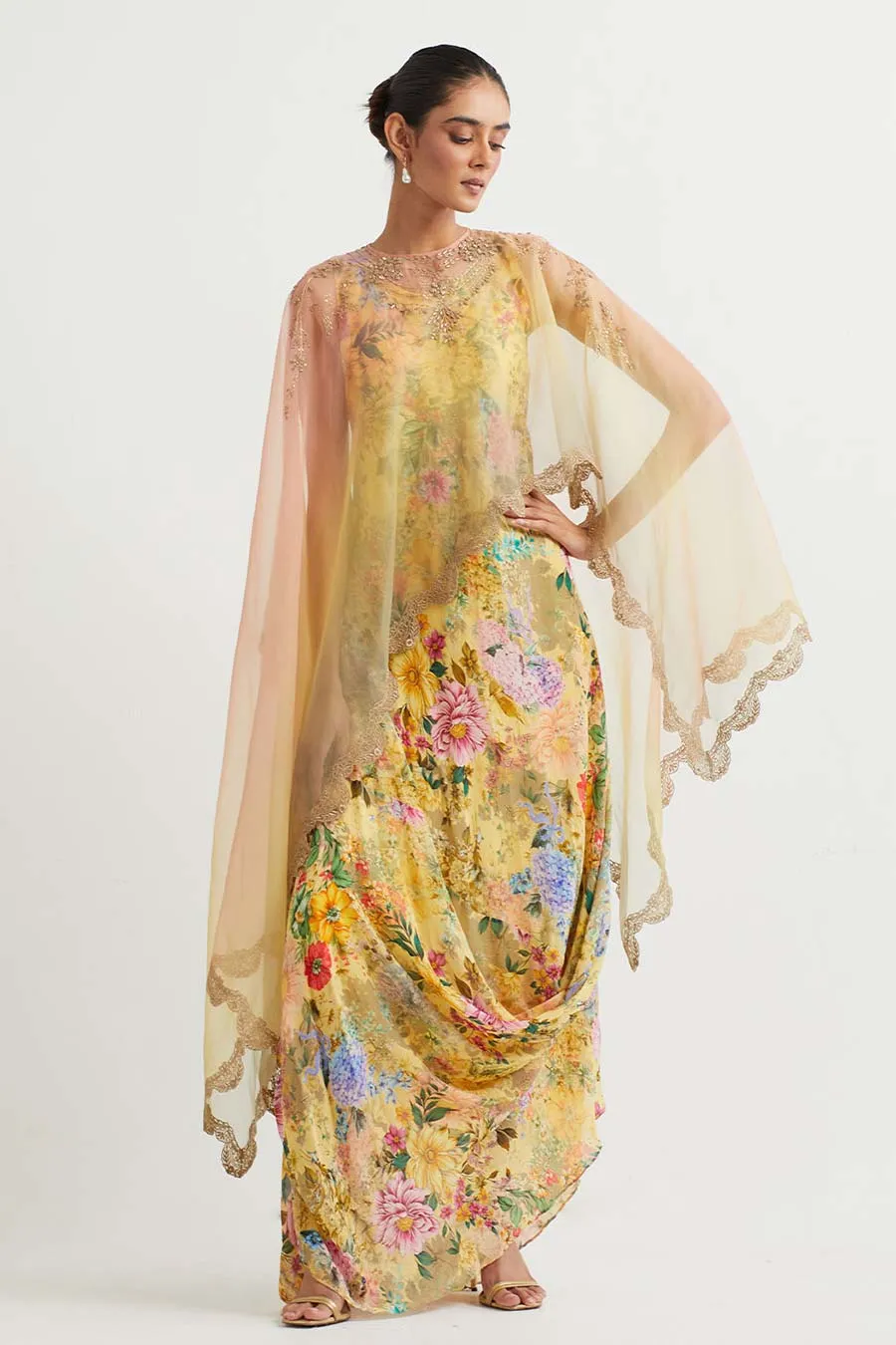 Yellow Embroidered Cape With Printed Drape Dress