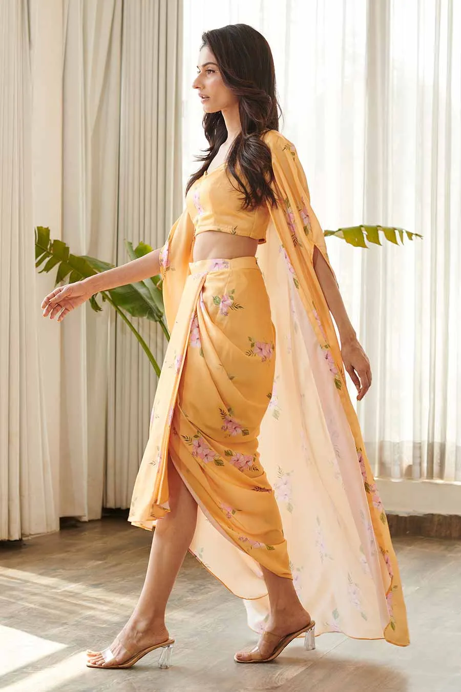 Yellow Floral Print Bralette & Skirt Set With Cape