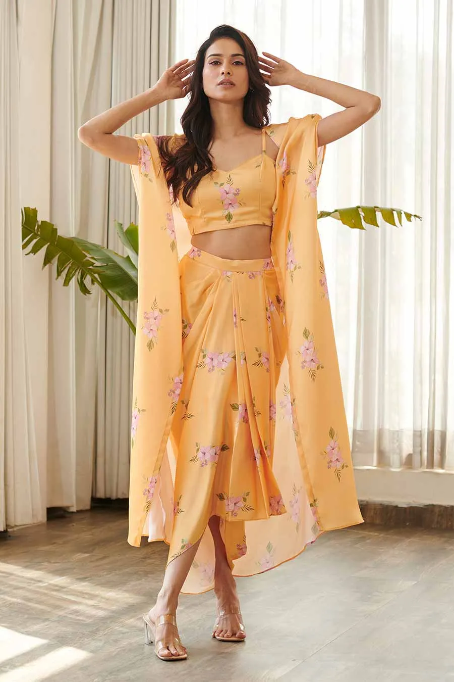 Yellow Floral Print Bralette & Skirt Set With Cape