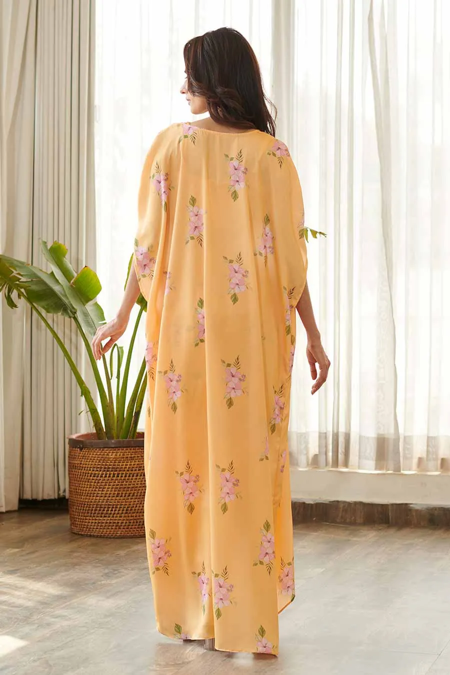 Yellow Floral Print Bralette & Skirt Set With Cape