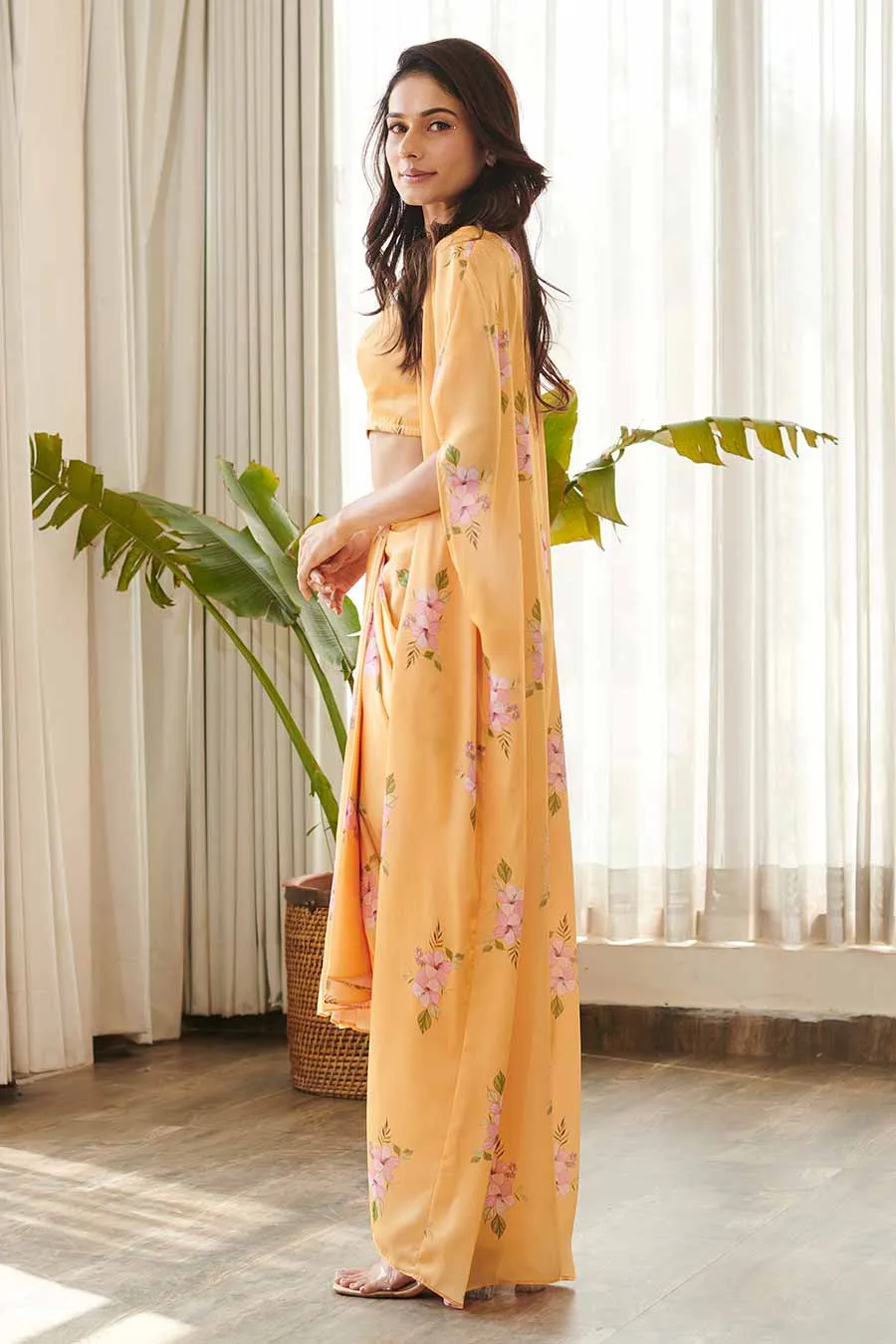 Yellow Floral Print Bralette & Skirt Set With Cape