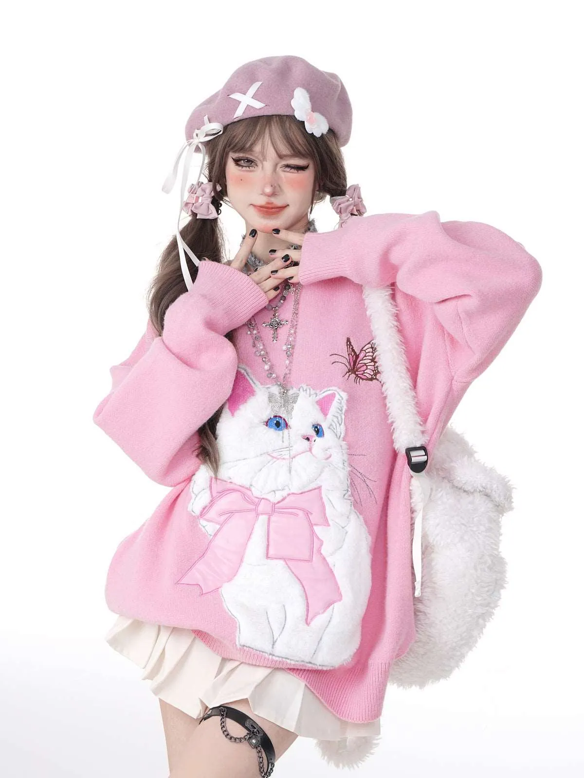 Young Eyes Cat With Bow Print Pullover Knitted Embroidery Oversize Sweater