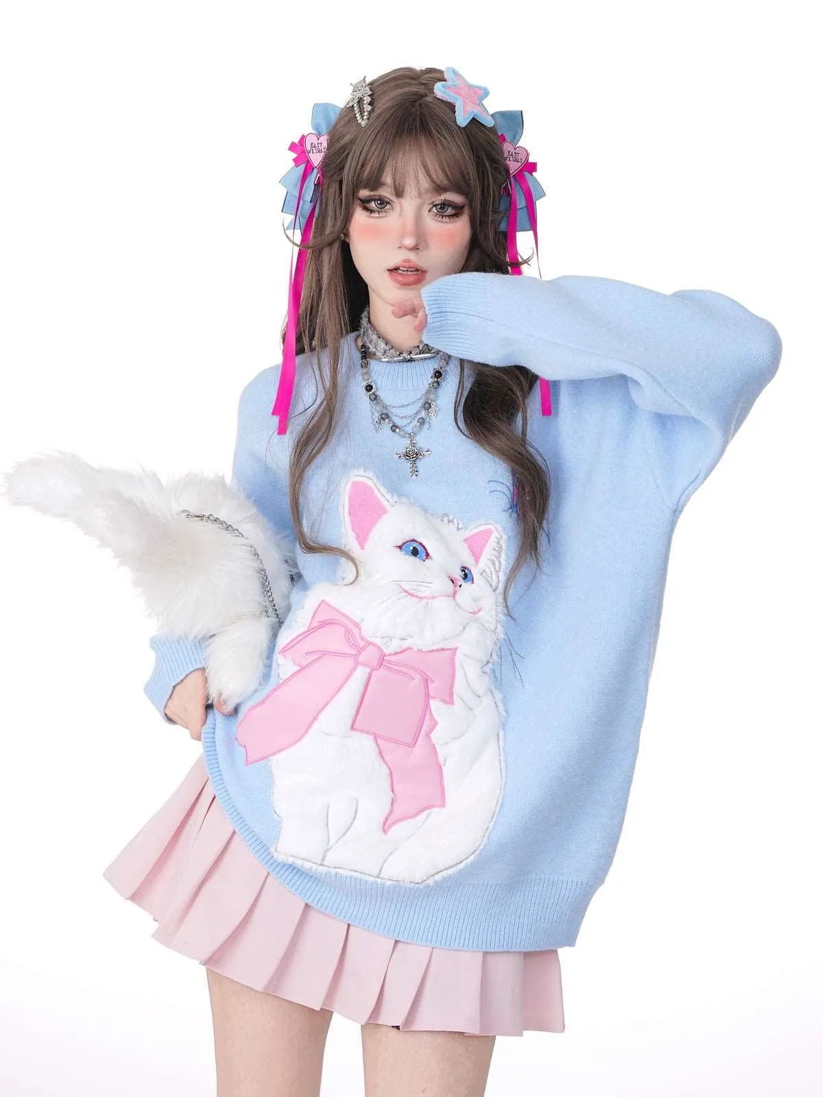 Young Eyes Cat With Bow Print Pullover Knitted Embroidery Oversize Sweater