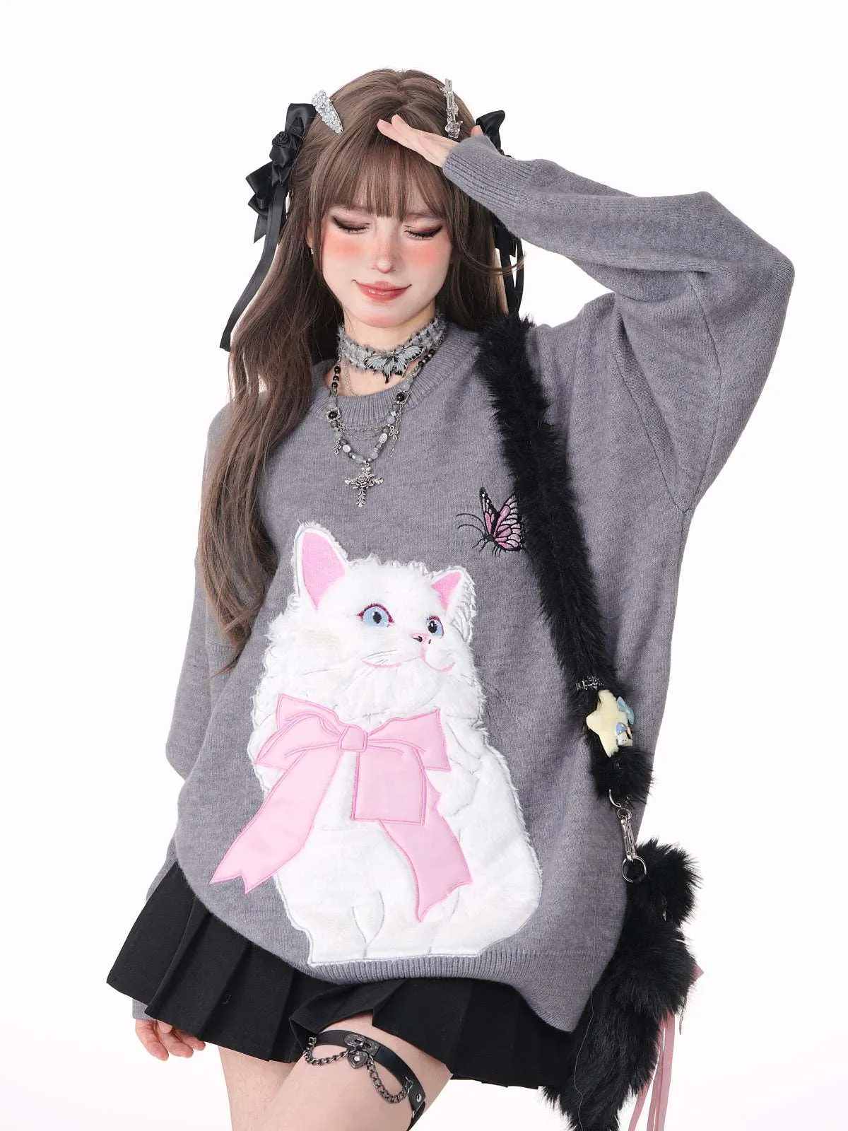 Young Eyes Cat With Bow Print Pullover Knitted Embroidery Oversize Sweater