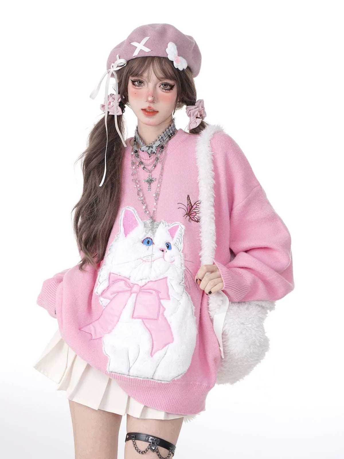 Young Eyes Cat With Bow Print Pullover Knitted Embroidery Oversize Sweater