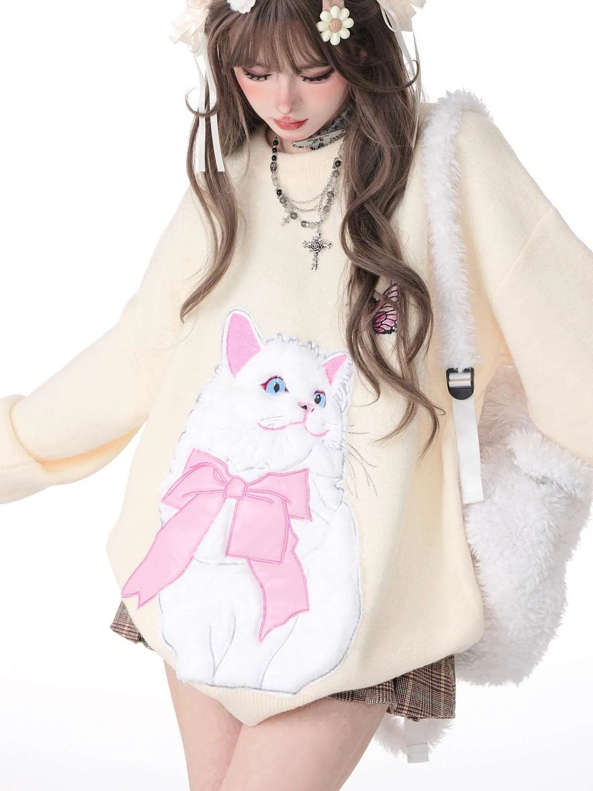 Young Eyes Cat With Bow Print Pullover Knitted Embroidery Oversize Sweater
