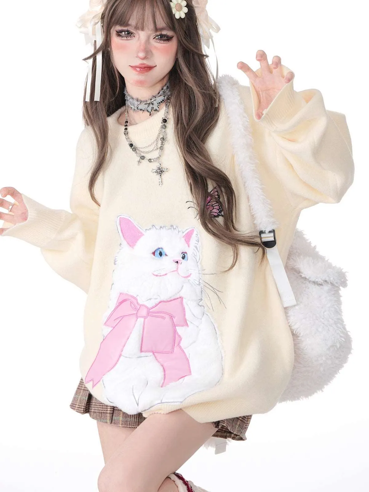 Young Eyes Cat With Bow Print Pullover Knitted Embroidery Oversize Sweater
