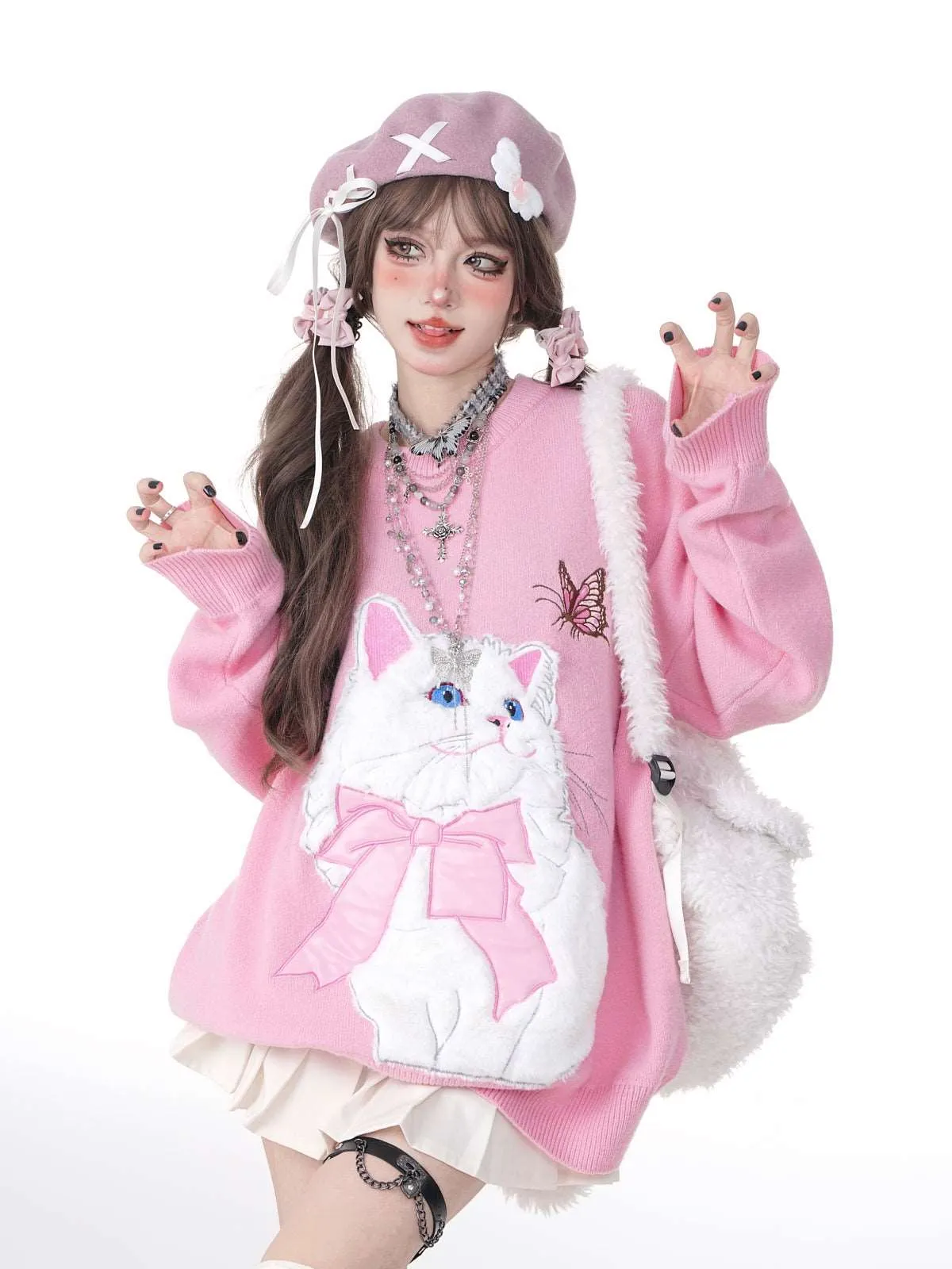 Young Eyes Cat With Bow Print Pullover Knitted Embroidery Oversize Sweater