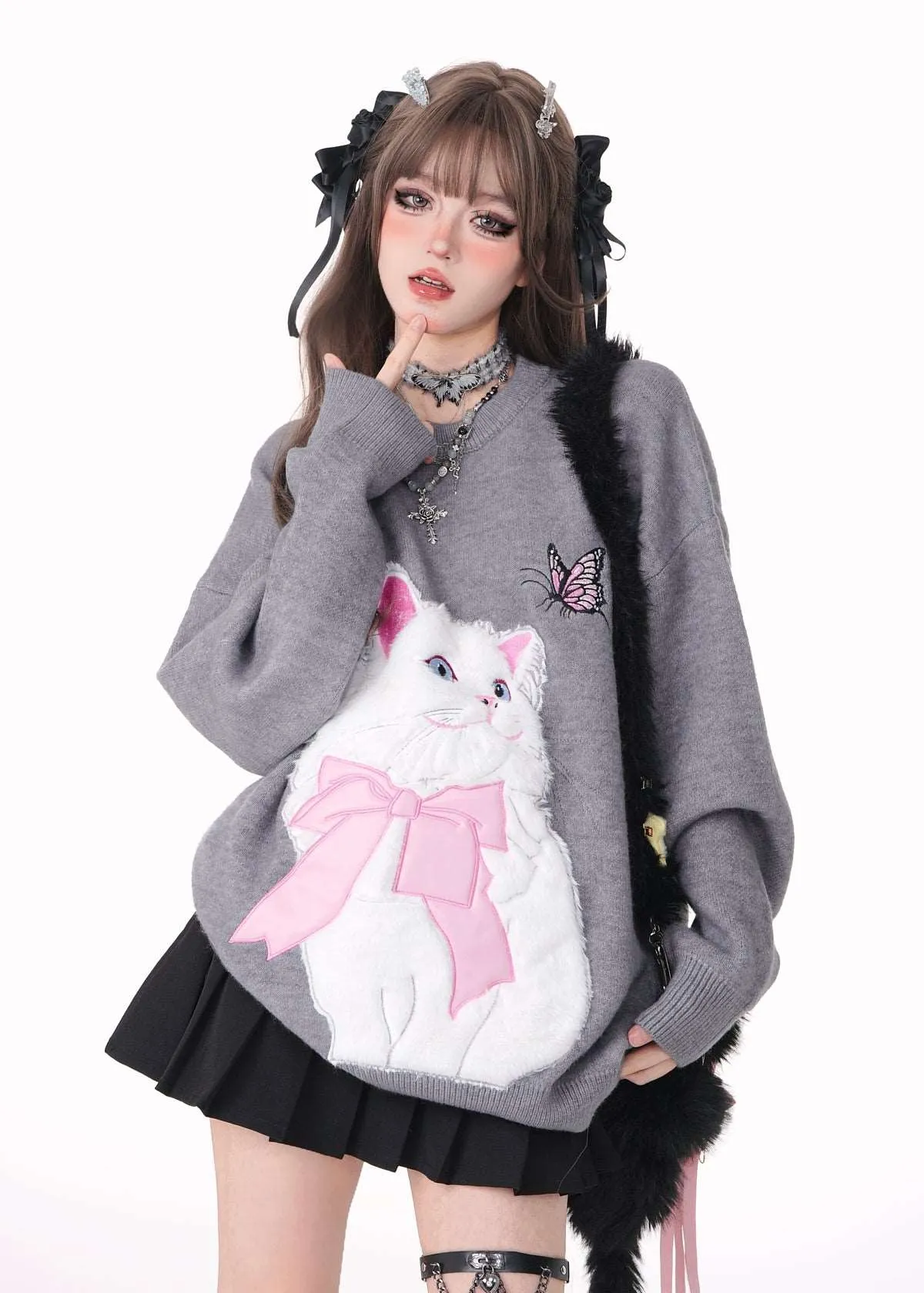 Young Eyes Cat With Bow Print Pullover Knitted Embroidery Oversize Sweater