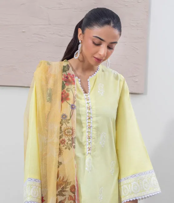 Zellbury Intermix Collection – Embroidered Shirt Shalwar Dupatta - Yellow - Cambric Suit-0647 - WUC23E30647