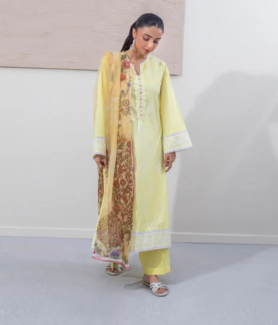 Zellbury Intermix Collection – Embroidered Shirt Shalwar Dupatta - Yellow - Cambric Suit-0647 - WUC23E30647