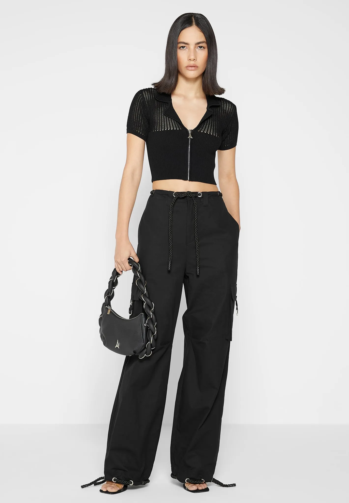 Zip Front Knitted Crop Top - Black