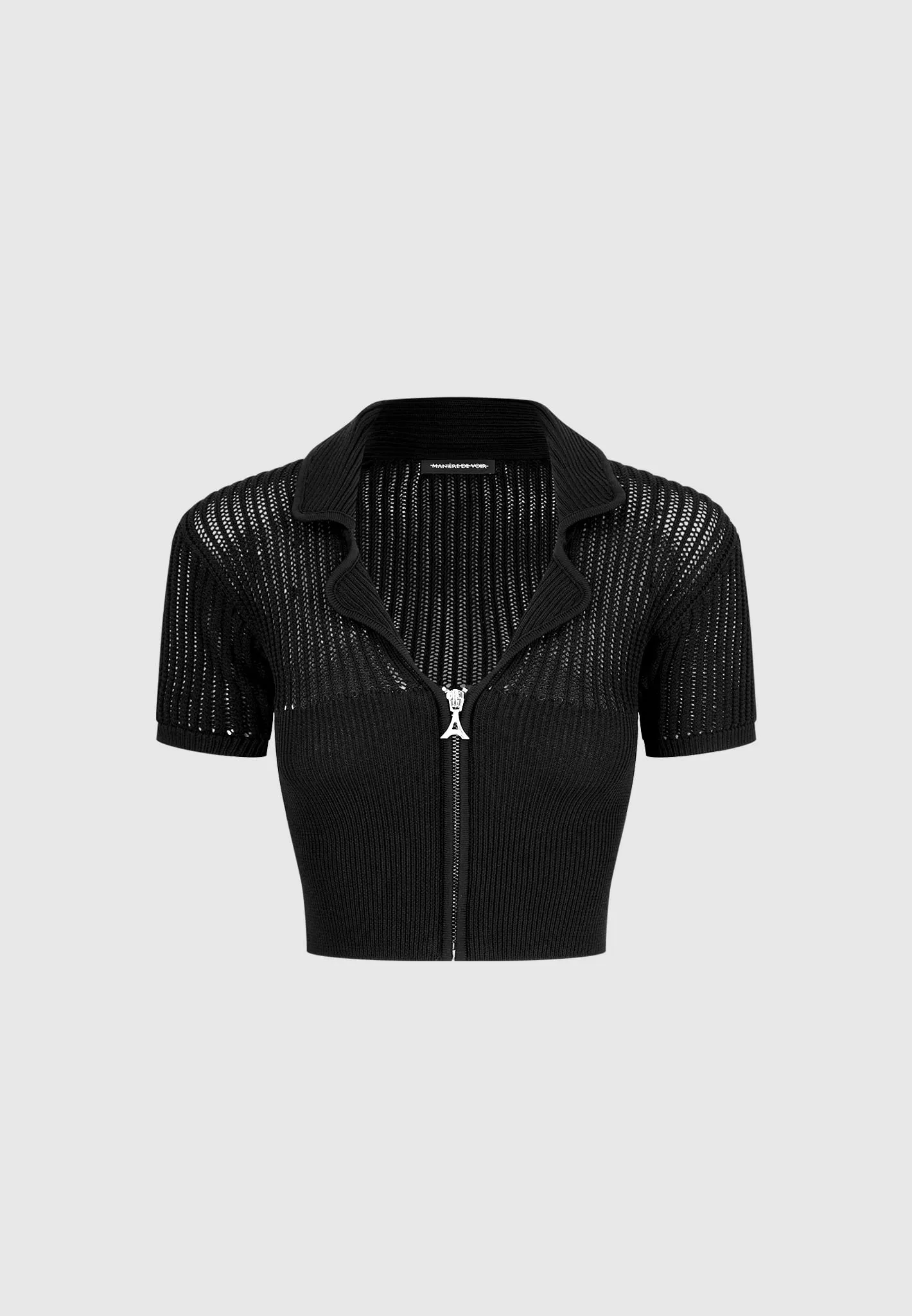 Zip Front Knitted Crop Top - Black