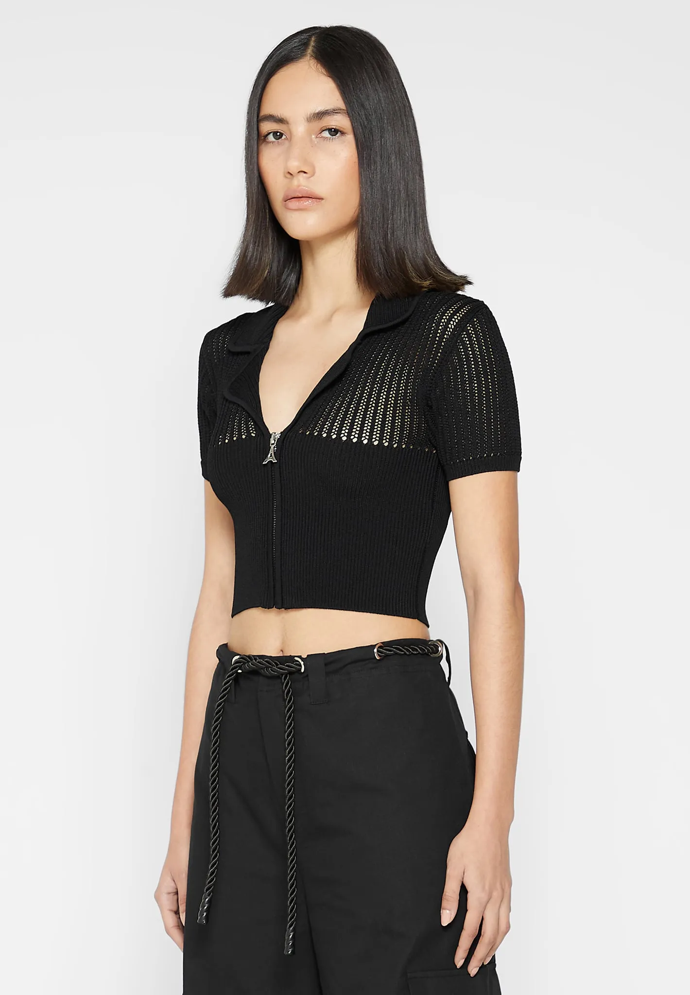 Zip Front Knitted Crop Top - Black