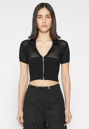 Zip Front Knitted Crop Top - Black