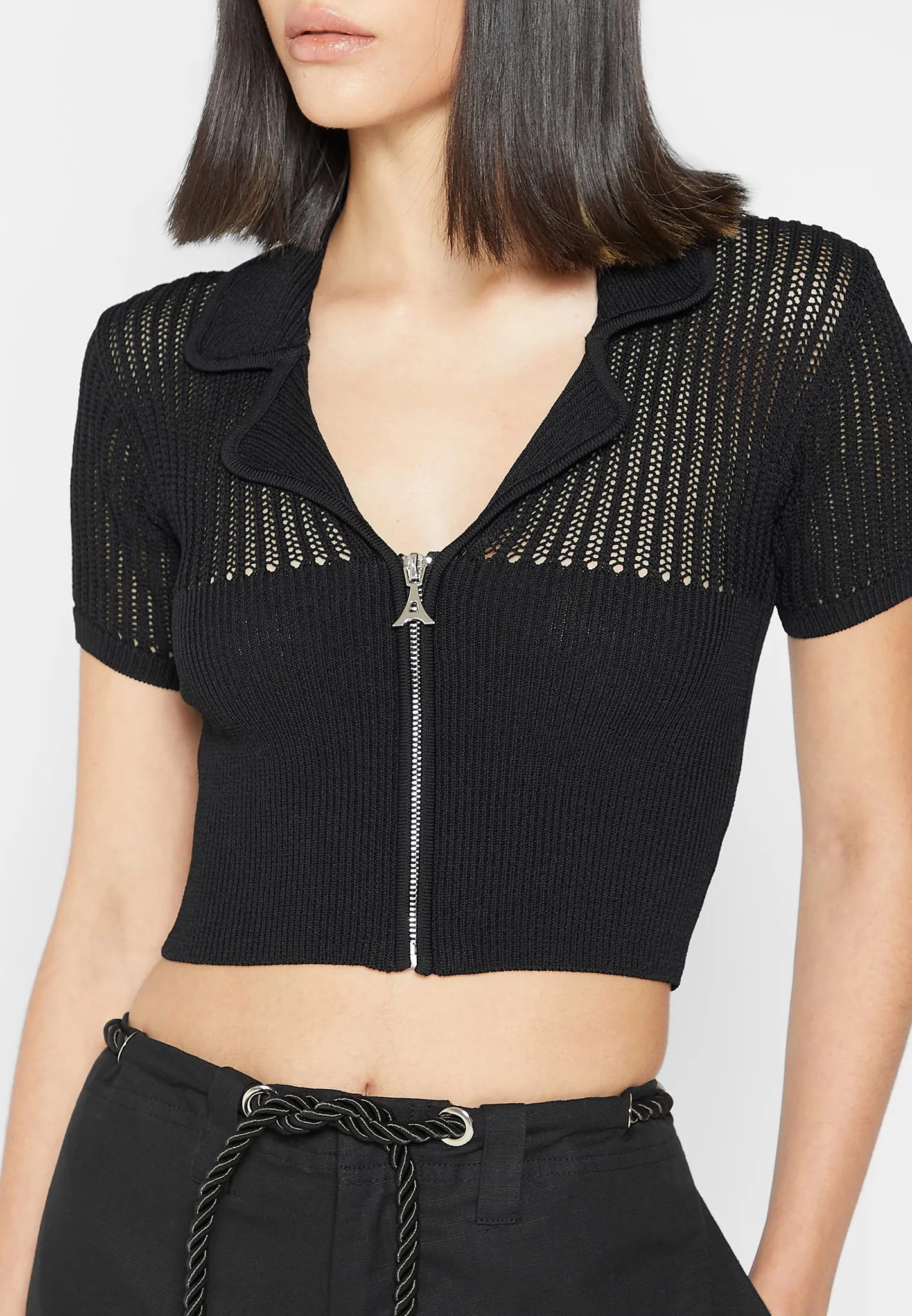 Zip Front Knitted Crop Top - Black